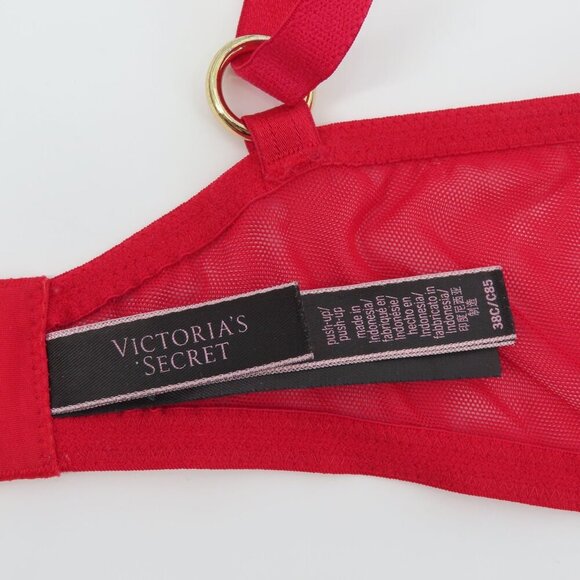 Victorias Secret 38C Very Sexy Push Up Bra Red Lace Gold Ring Underwire Padded - Picture 11 of 16